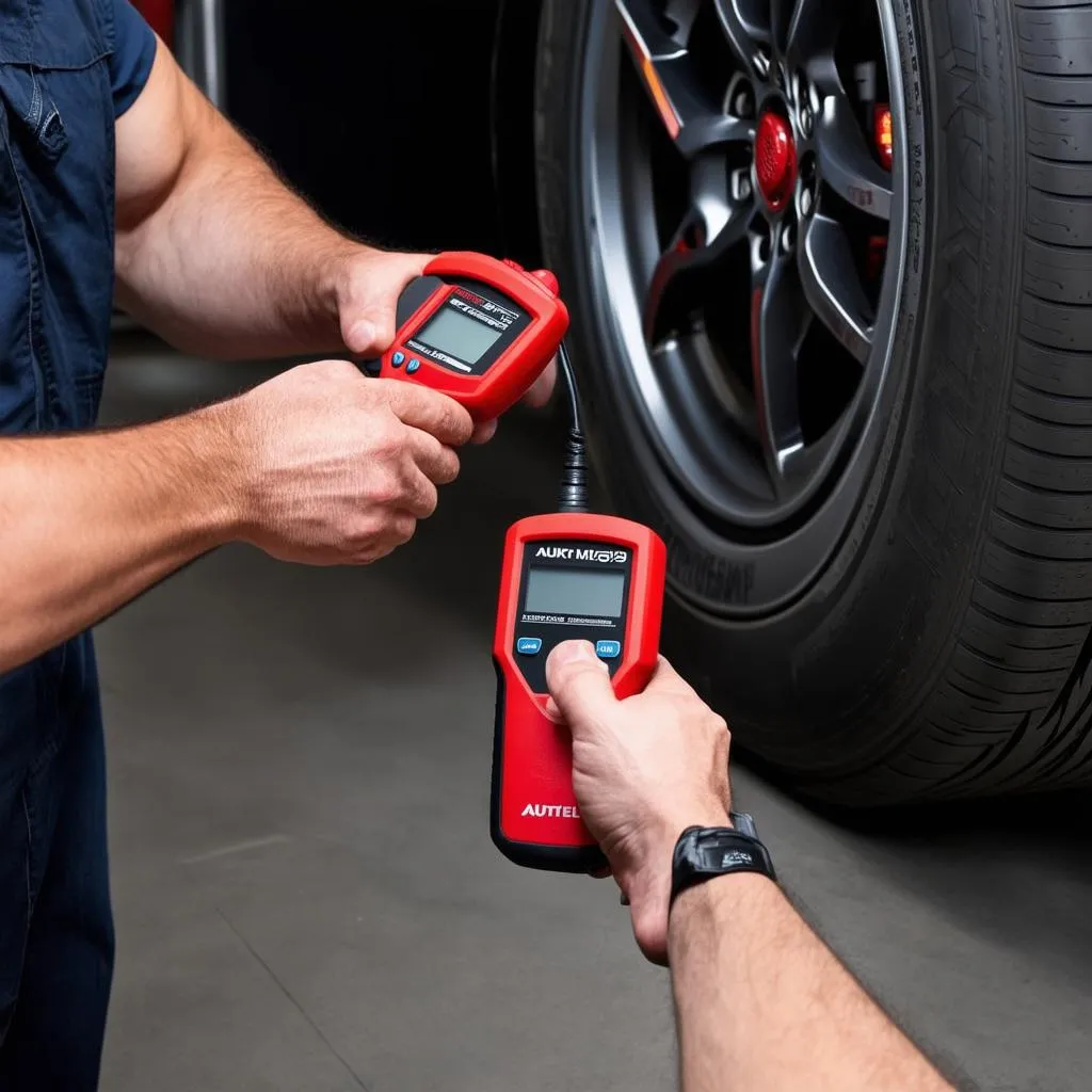 Mechanic checking TPMS with Autel ML629